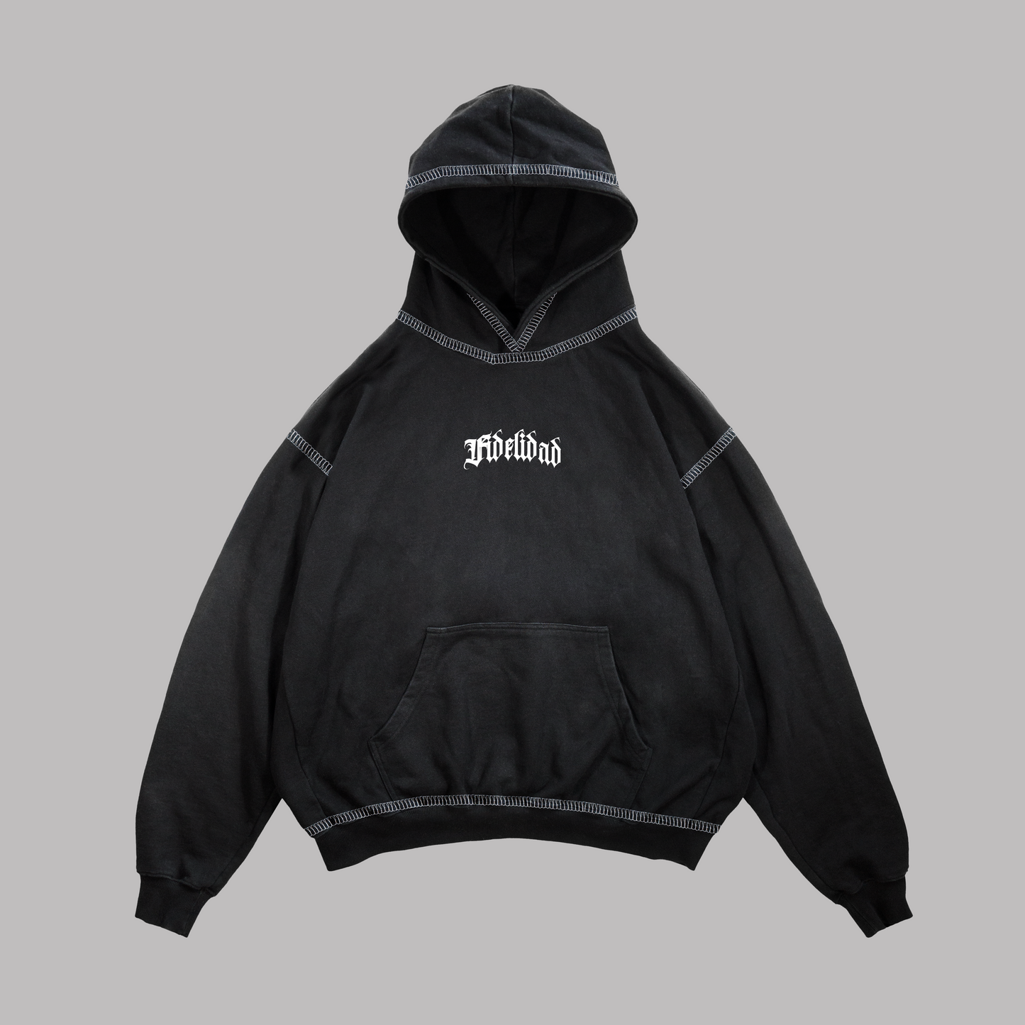 Hoodie Boxy fit costuras en blanco FIDELIDAD negro
