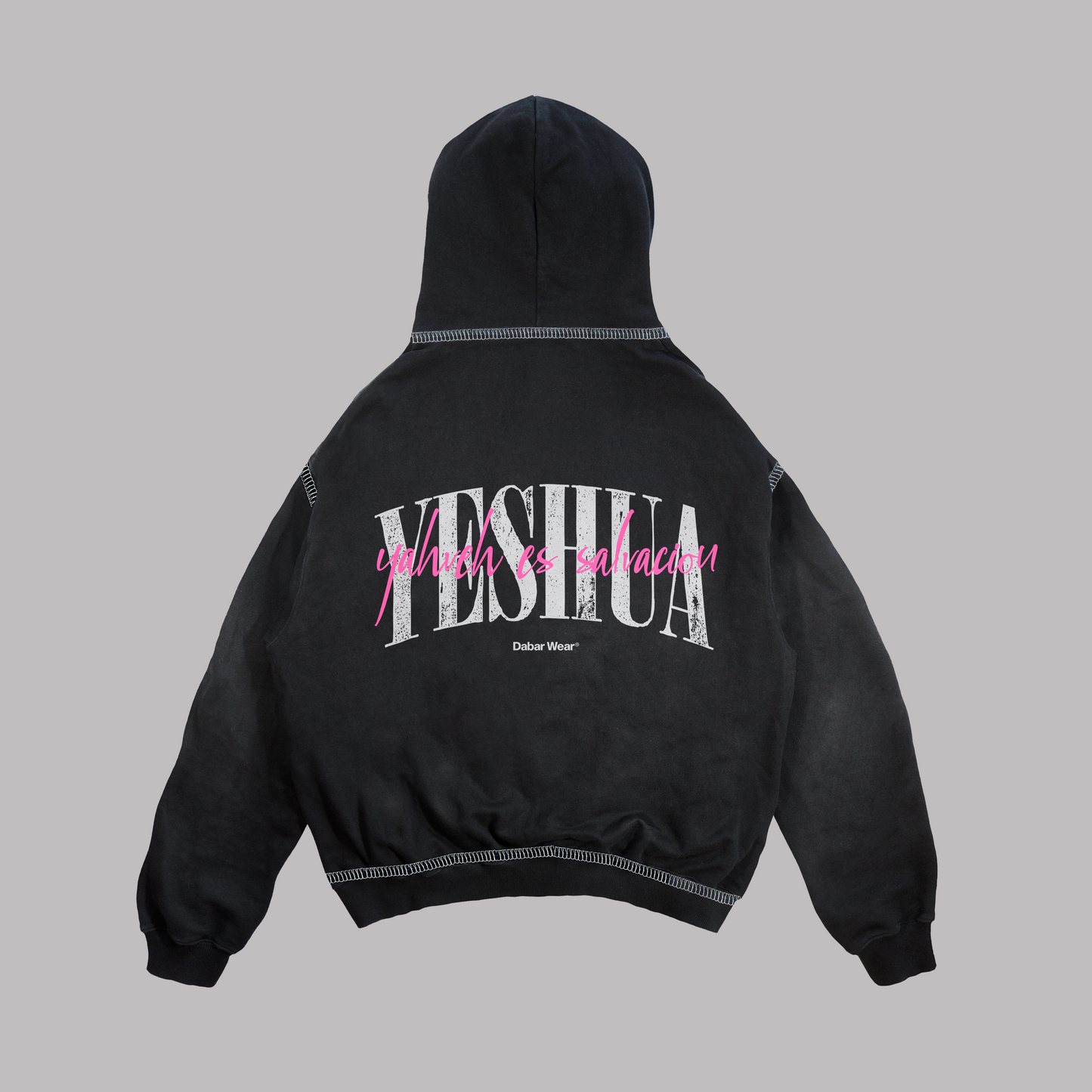 Hoodie Boxy fit costuras en blanco YESHUA ES SALVACION negro