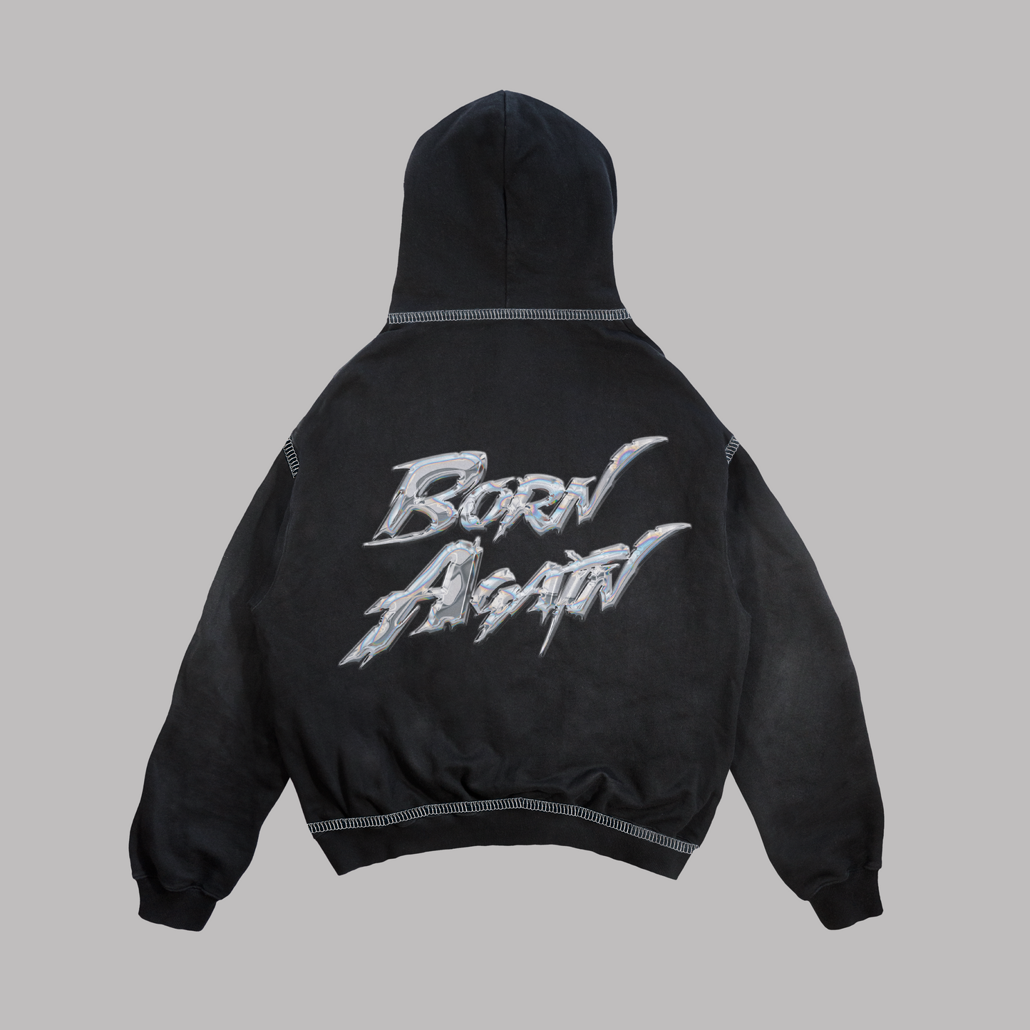 Hoodie Boxy fit costuras en blanco BORN AGAIN negro