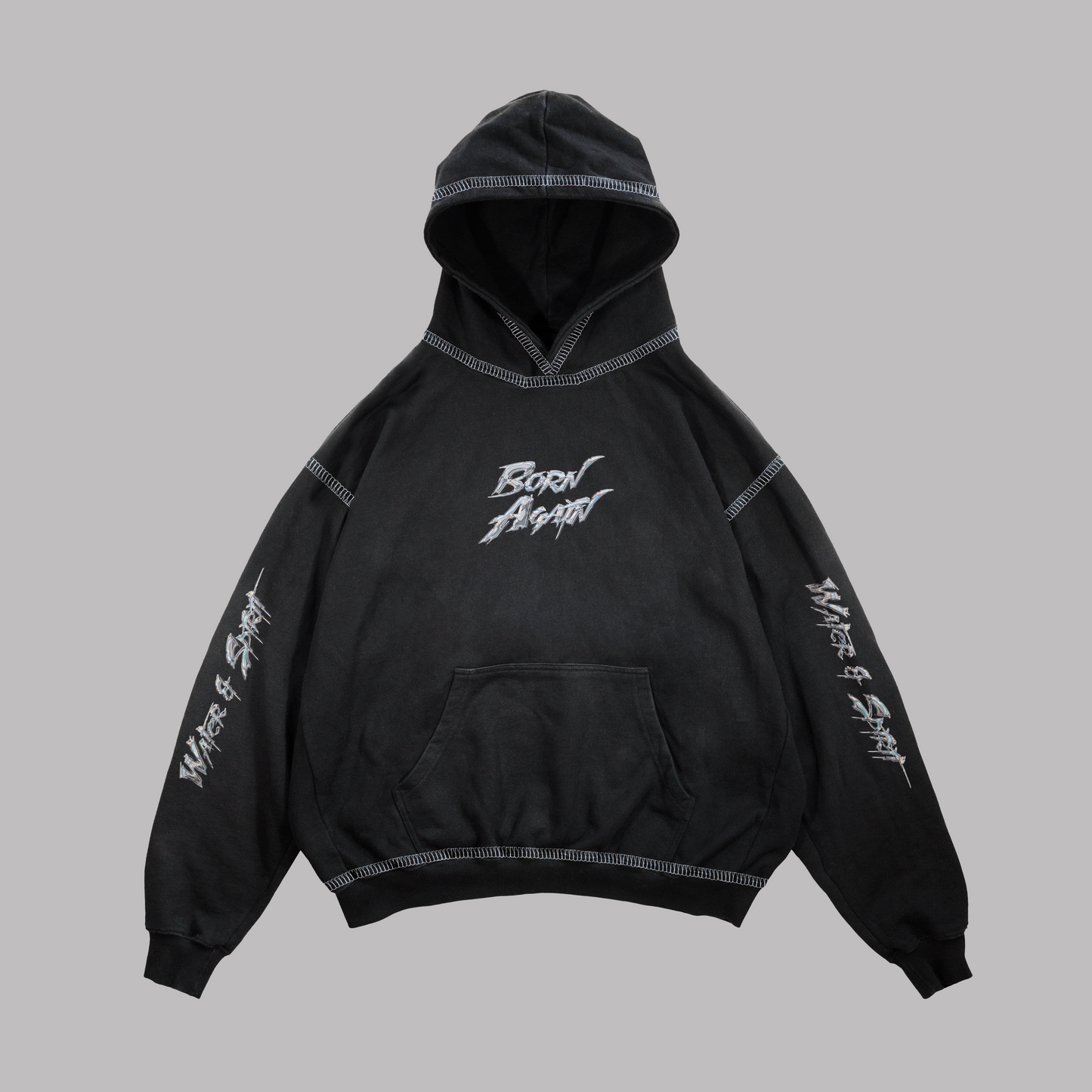 Hoodie Boxy fit costuras en blanco BORN AGAIN negro
