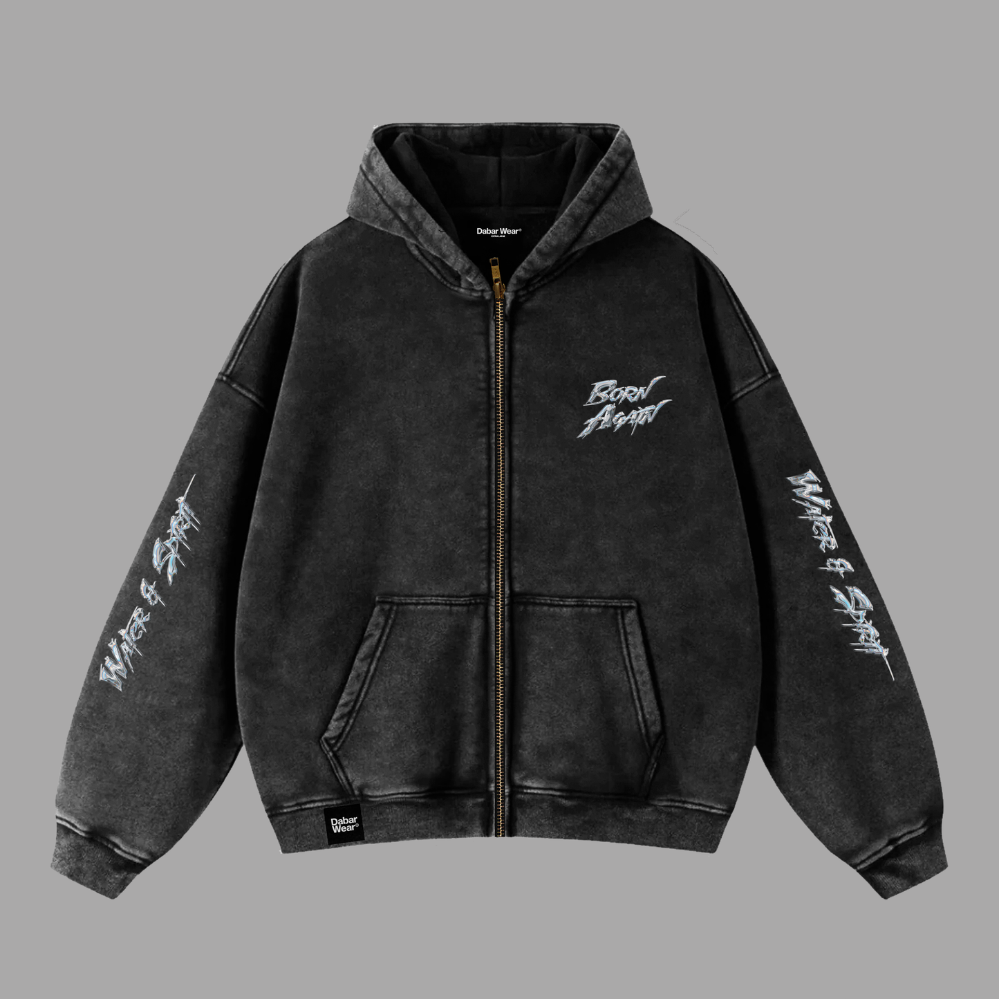 Hoodie Boxy Zip up acid wash negro BORN AGAIN