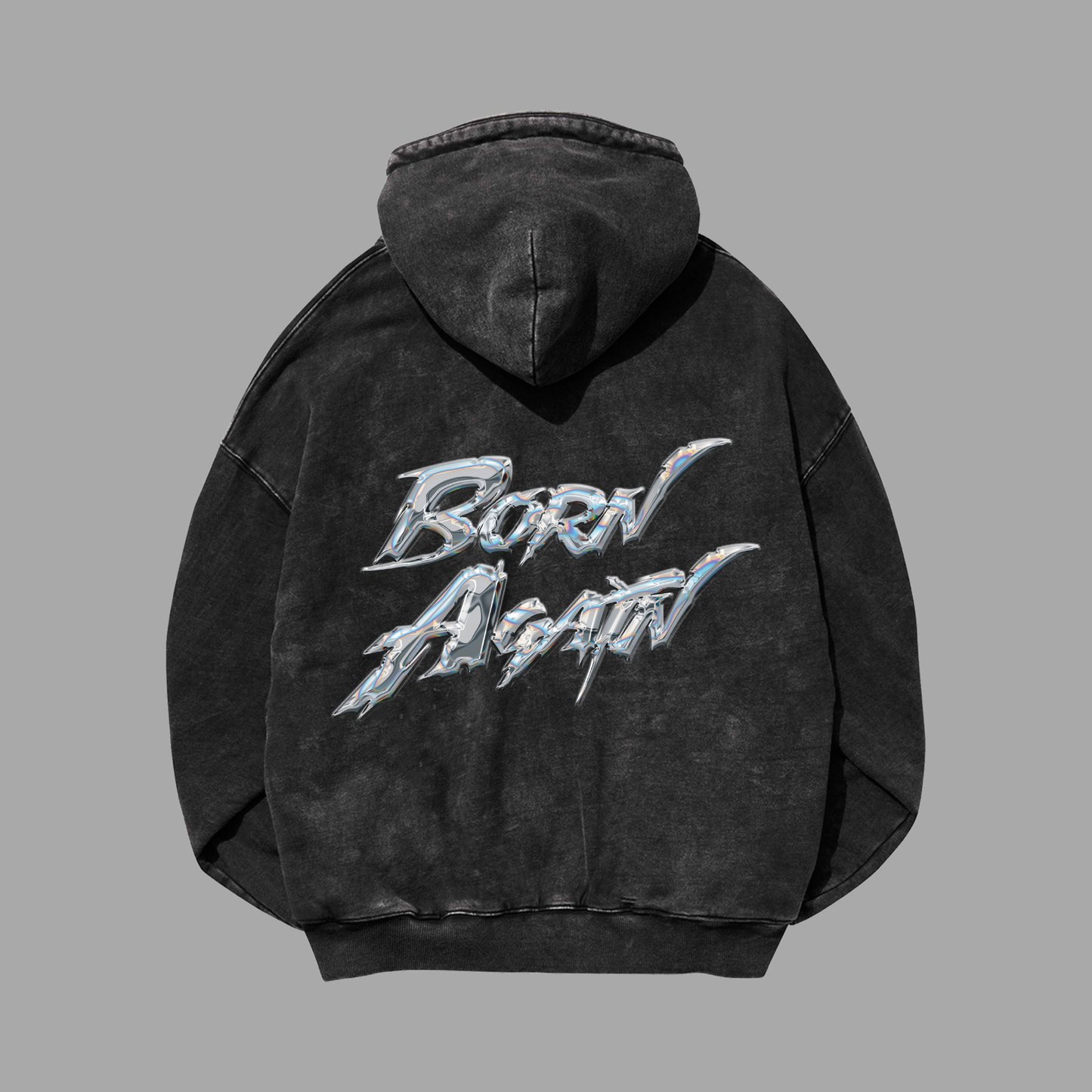 Hoodie Boxy Zip up acid wash negro BORN AGAIN