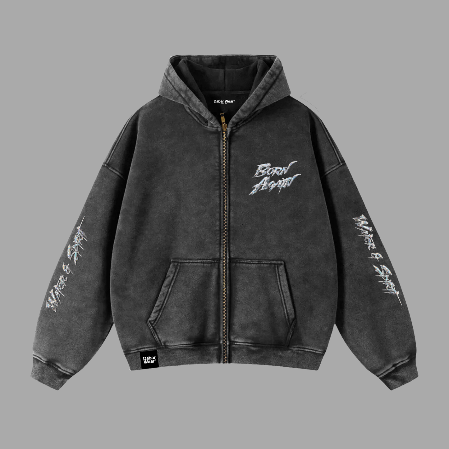 Hoodie Boxy Zip up acid wash negro BORN AGAIN