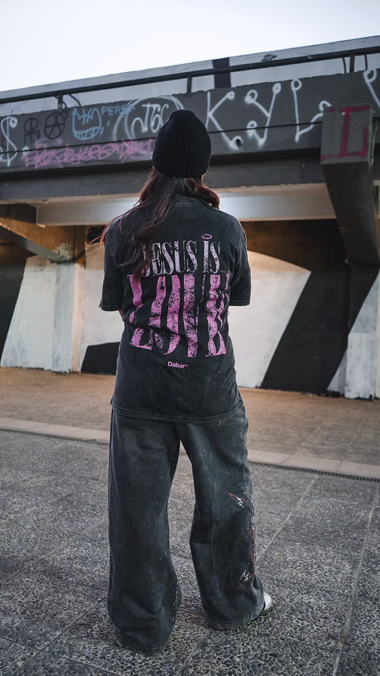 Tshirt Stonewash Lines Relaxed "JESUS IS LOVE" PINK (UNISEX)