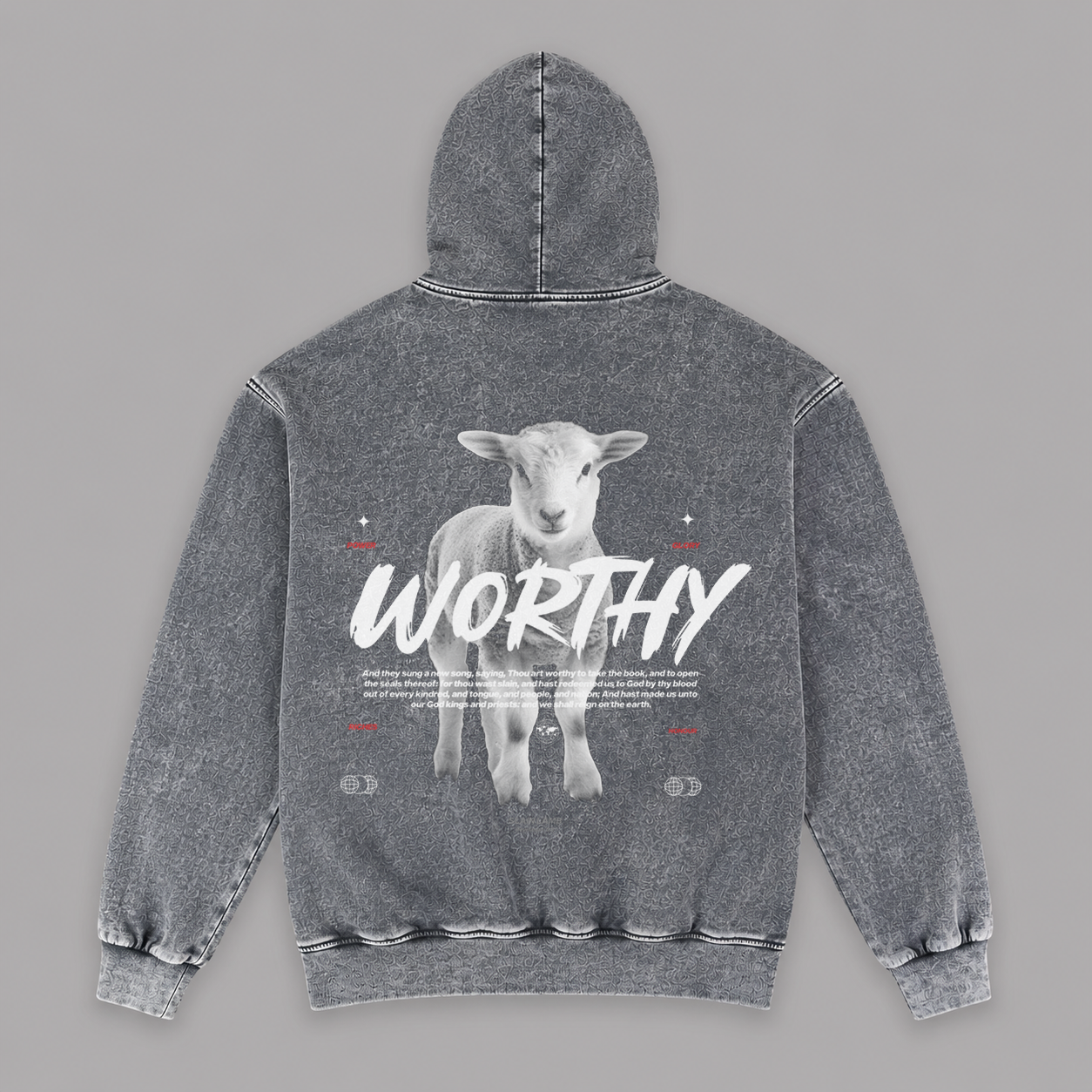 Hoodie Stone wash grey "WORTHY" (Fit Relaxed)