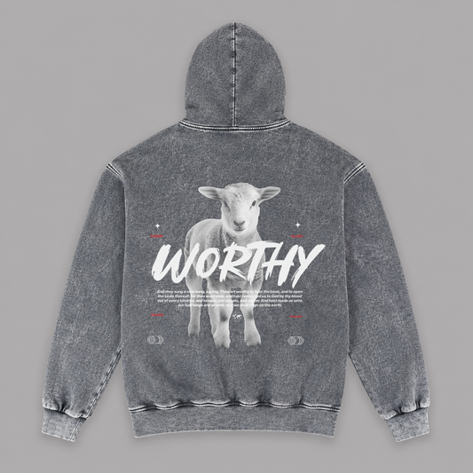 Hoodie Stone wash grey "WORTHY" (Fit Relaxed)