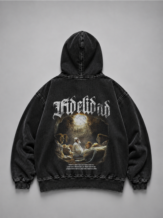 Hoodie Distressed Stonewash Black "FIDELIDAD" (Fit Relaxed)