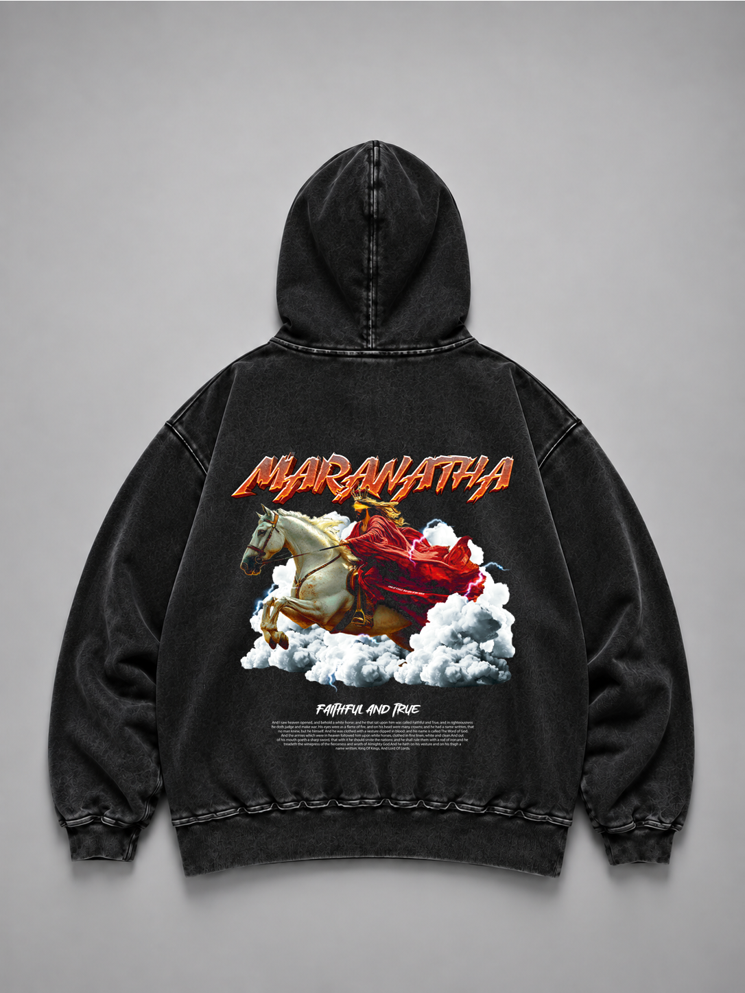 Hoodie Distressed Stonewash Black "MARANATHA" (Fit Relaxed)