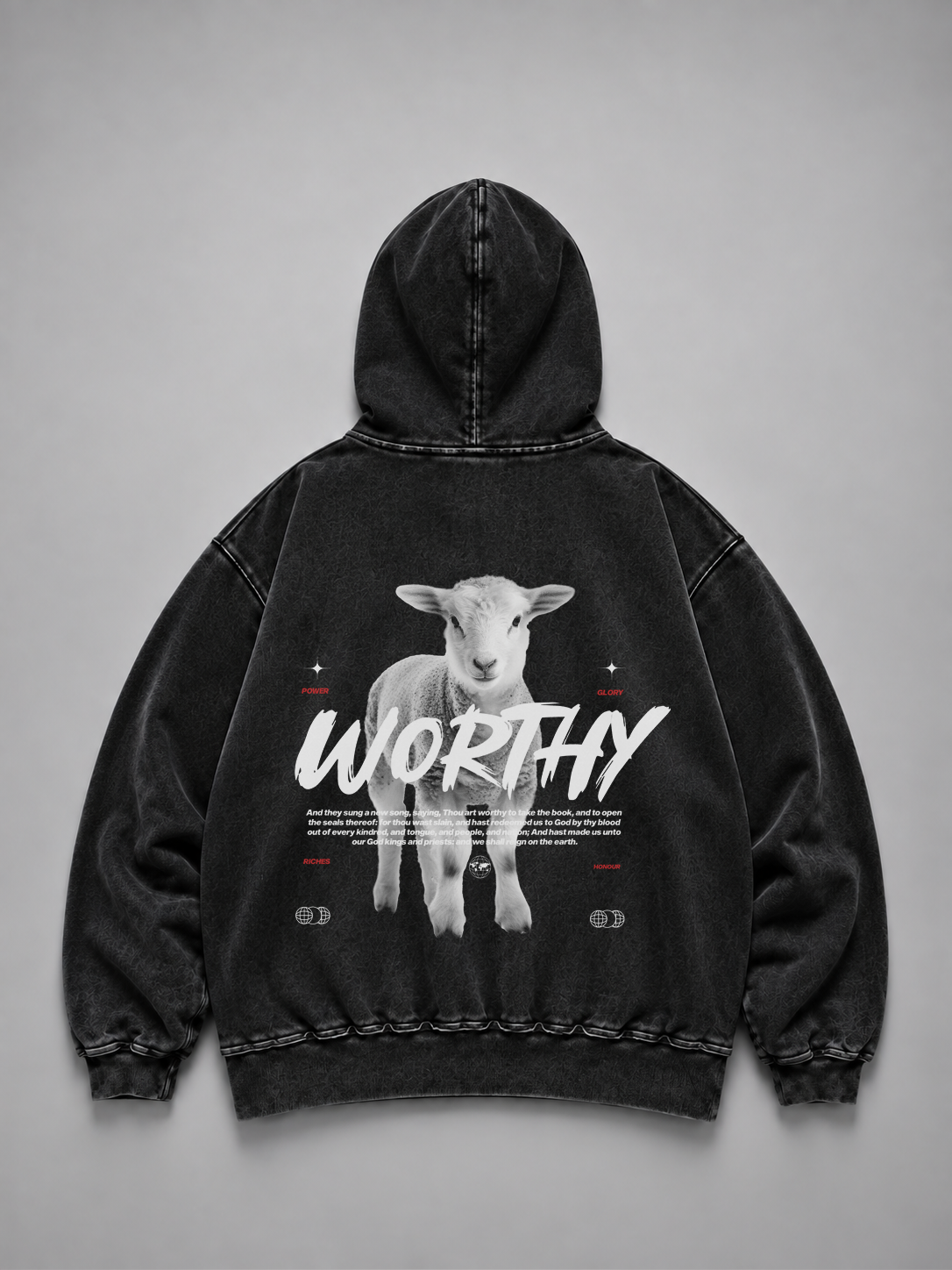 Hoodie Distressed Stonewash Black "WORTHY" (Fit Relaxed)
