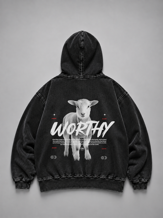 Hoodie Distressed Stonewash Black "WORTHY" (Fit Relaxed)