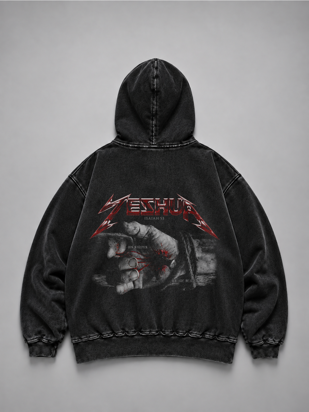 Hoodie Distressed Stonewash Black "ISAIAS 53" (Fit Relaxed)