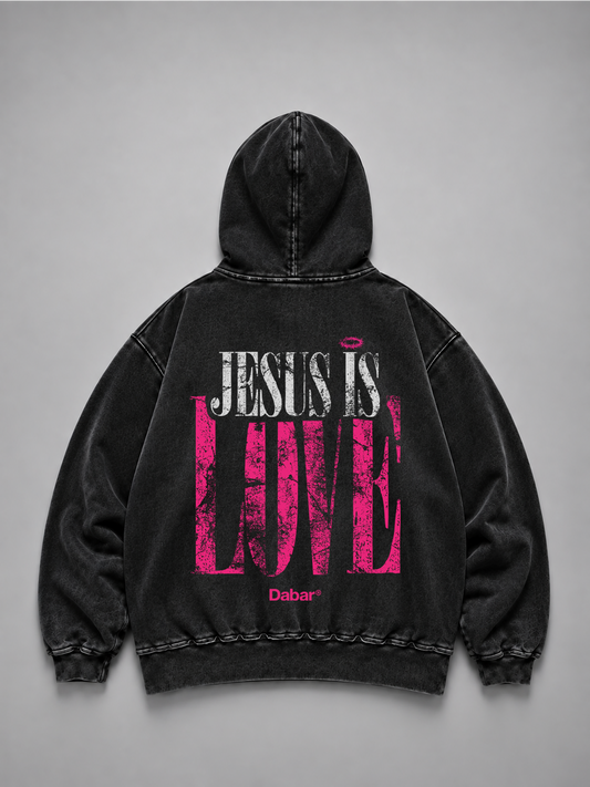 Hoodie Distressed Stonewash Black "JESUS IS LOVE" (Fit Relaxed)