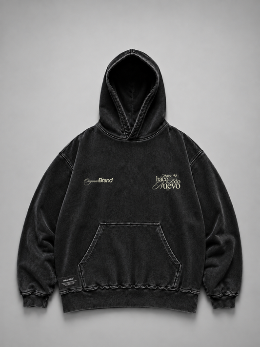 Hoodie Distressed Stonewash Black "TODO NUEVO" (Fit Relaxed)