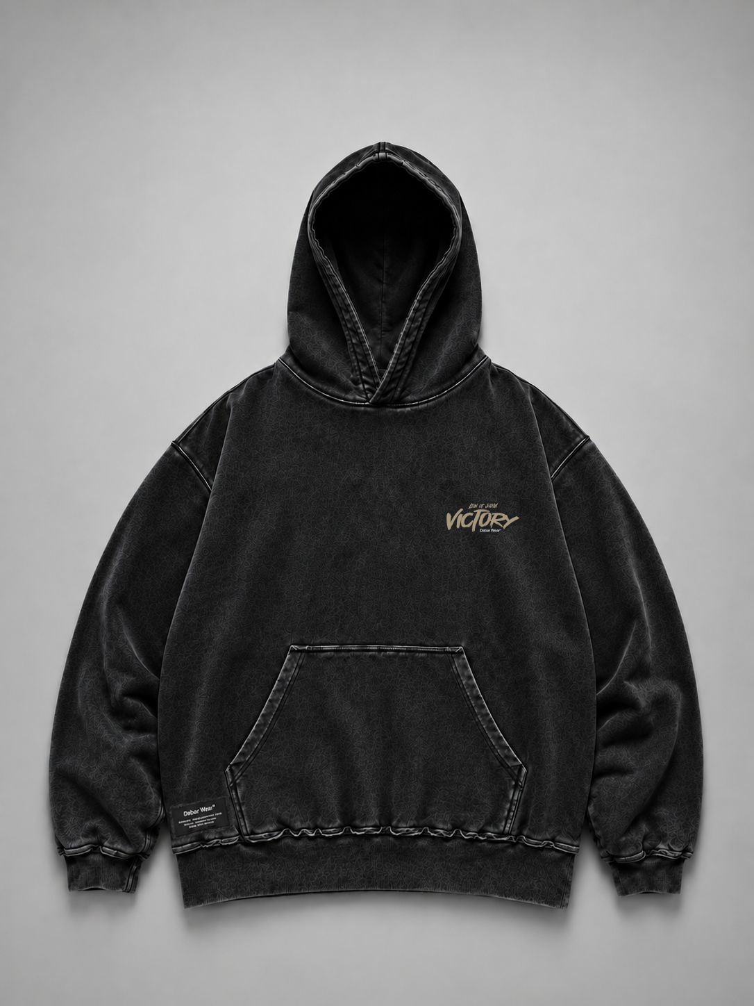 Hoodie Distressed Stonewash Black "VICTORY" (Fit Relaxed)