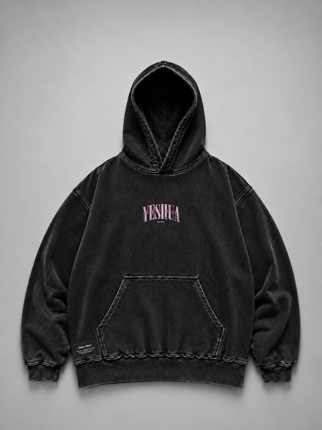 Hoodie Distressed Stonewash Black "YESHUA" (Fit Relaxed)