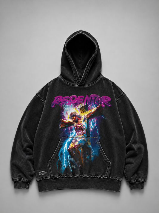 Hoodie Distressed Stonewash Black "REDENTOR" (Fit Relaxed)