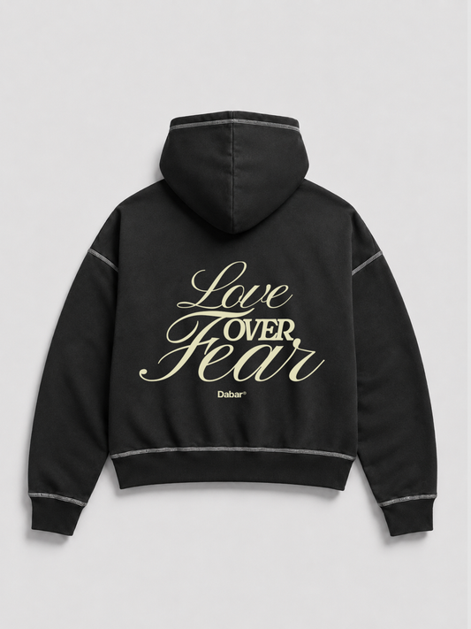 Hoodie Black & White "LOVE OVER FEAR" (Fit Boxy)