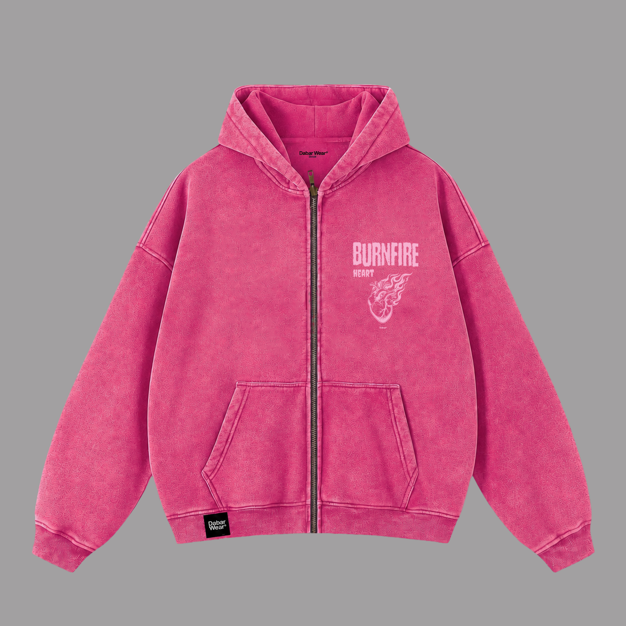 Hoodie Zipup Stonewash Fucsia "BURNFIRE" (Fit Boxy)