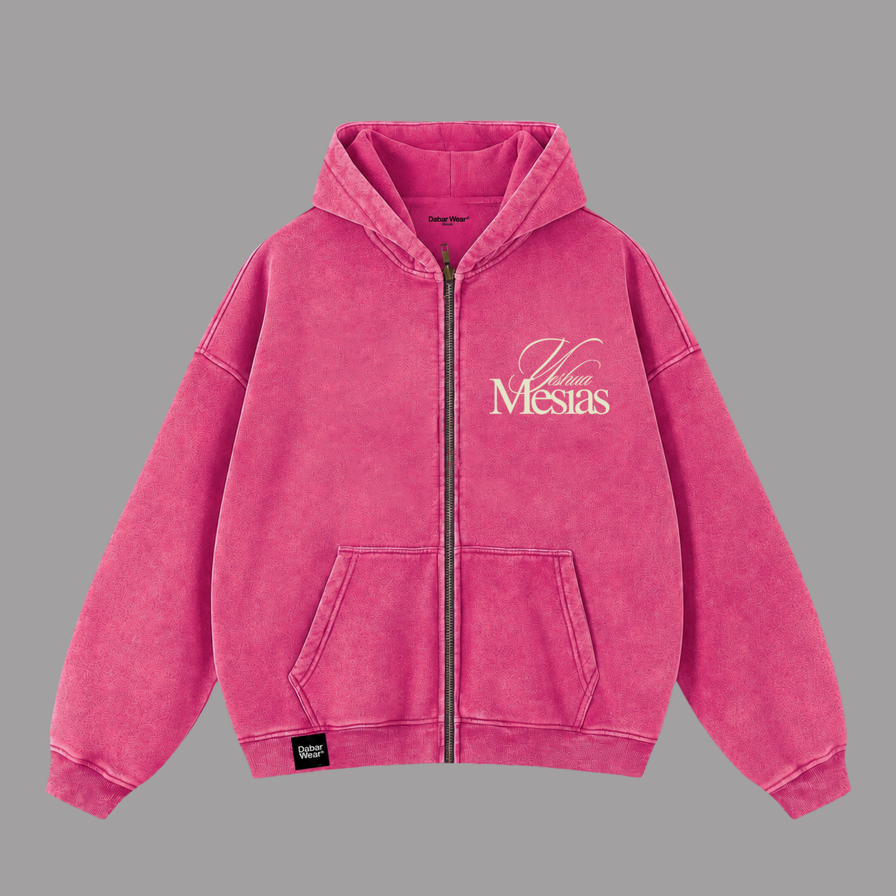 Hoodie Zipup Stonewash Fucsia "MESÍAS" (Fit Boxy)