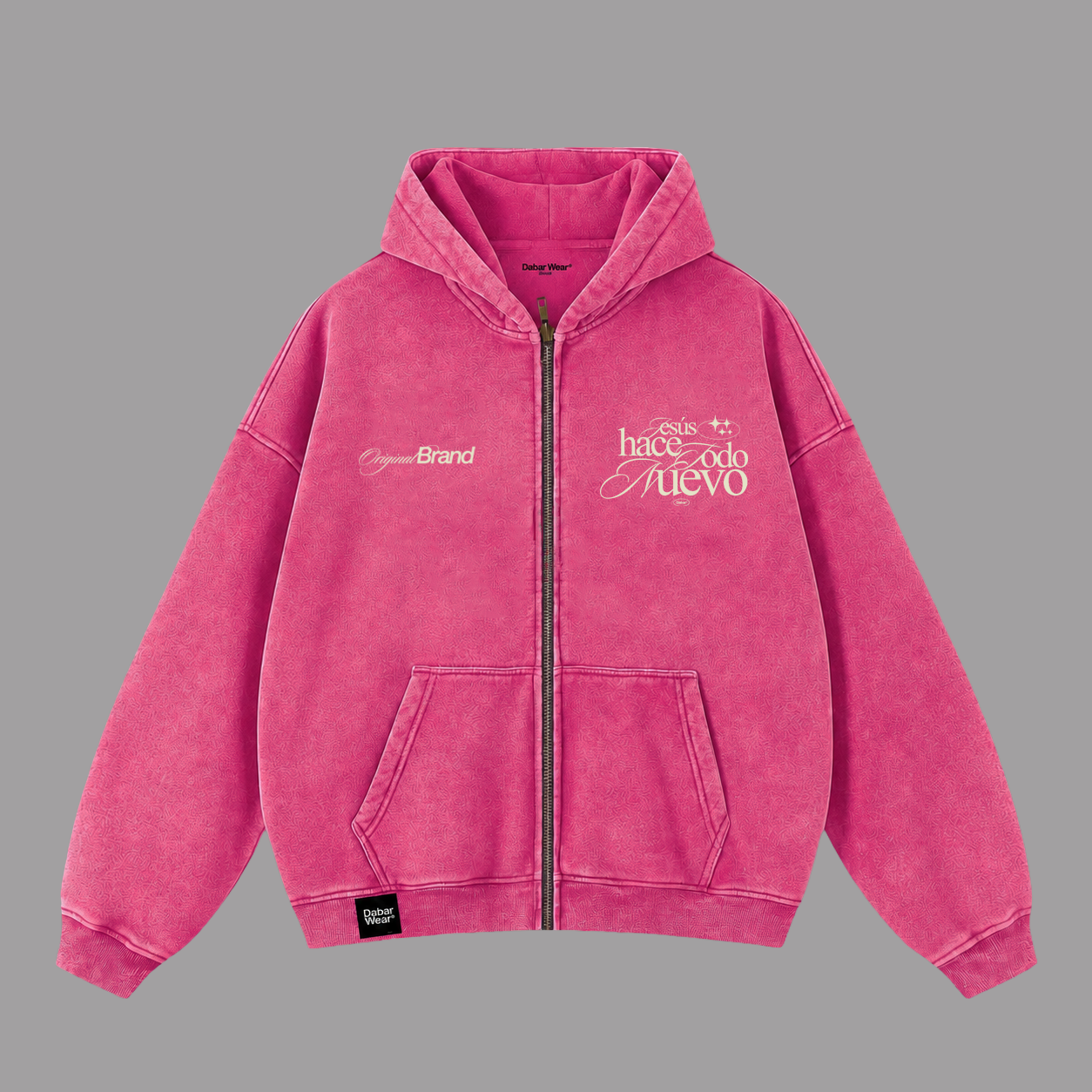 Hoodie Zipup Stonewash Fucsia "TODO NUEVO" (Fit Boxy)