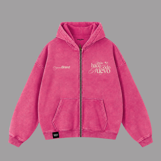 Hoodie Zipup Stonewash Fucsia "TODO NUEVO" (Fit Boxy)
