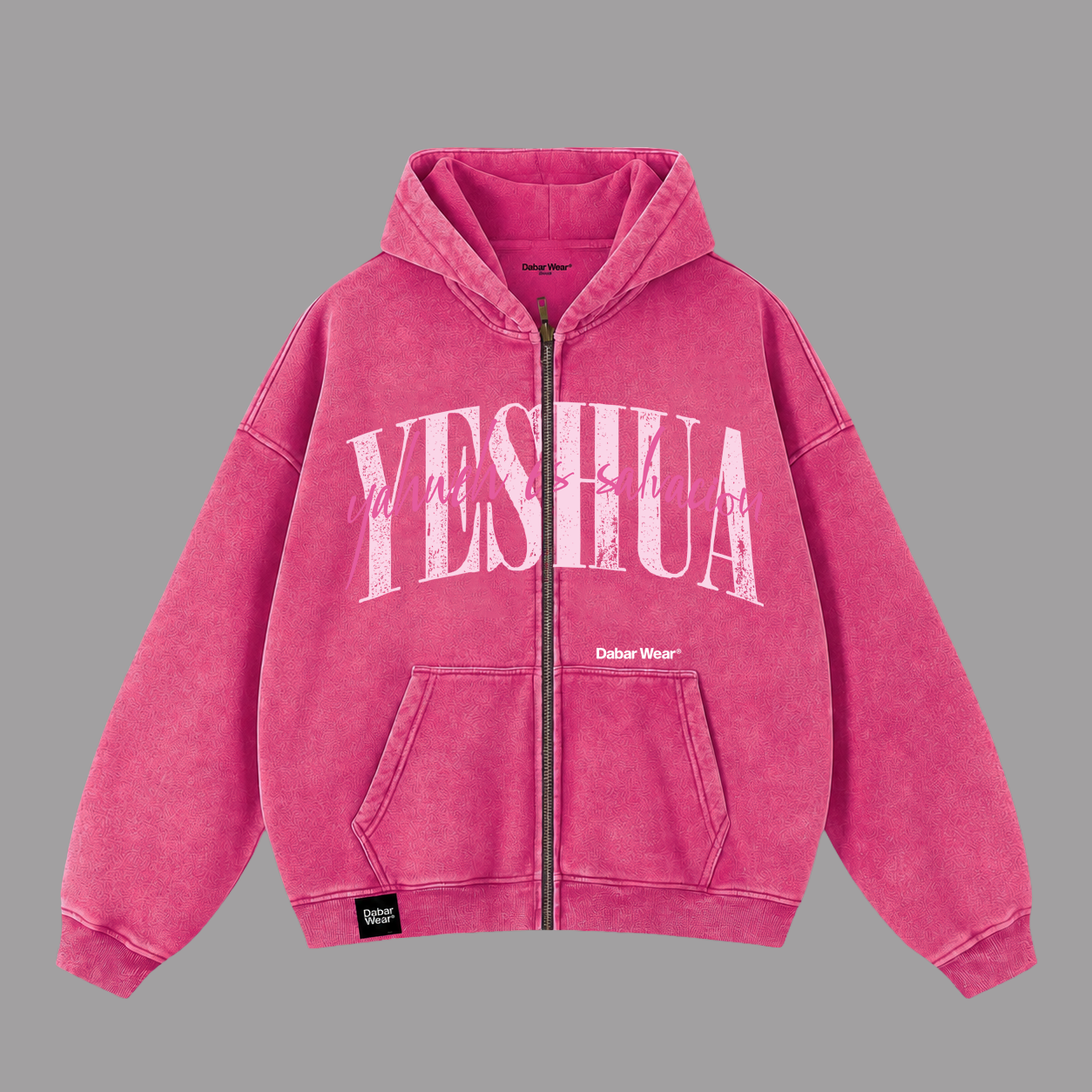 Hoodie Zipup Stonewash Fucsia "YESHUA" (Fit Boxy)