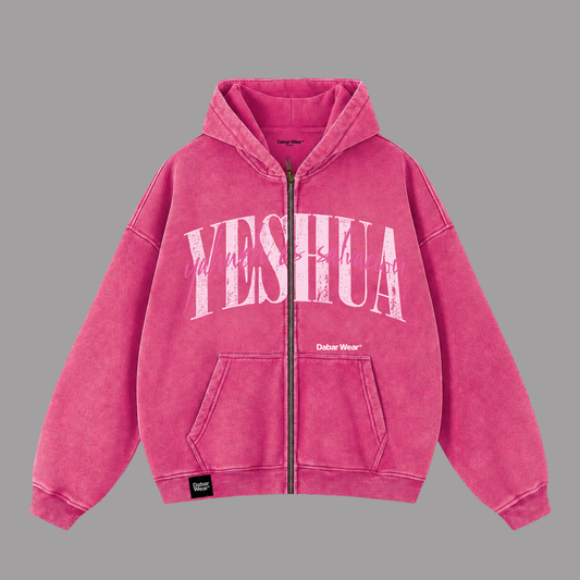 Hoodie Zipup Stonewash Fucsia "YESHUA" (Fit Boxy)