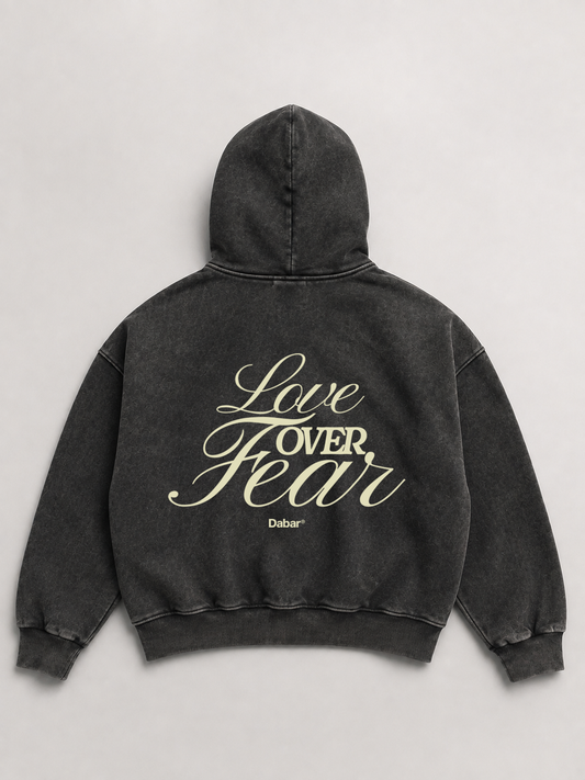 Hoodie Stonewash Black HEAVYWEIGHT "LOVE OVER FEAR" (Fit Boxy)
