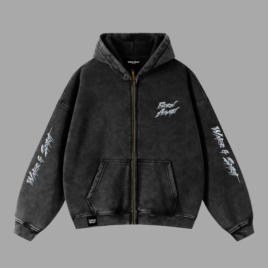 Hoodie Boxy Zip up acid wash negro BORN AGAIN