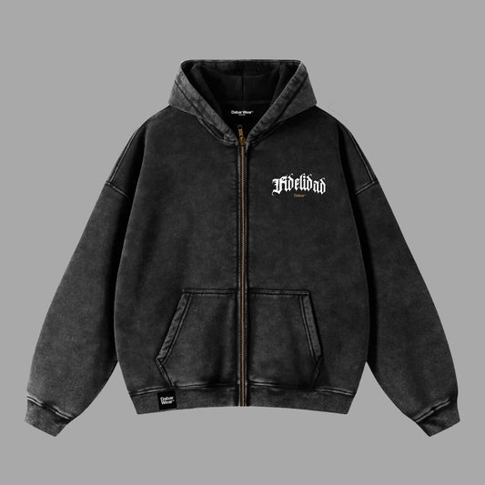Hoodie Boxy Zip up acid wash negro FIDELIDAD