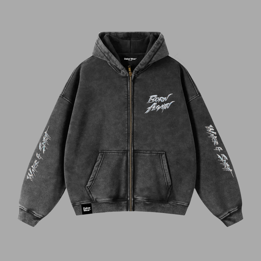 Hoodie Boxy Zip up acid wash negro BORN AGAIN