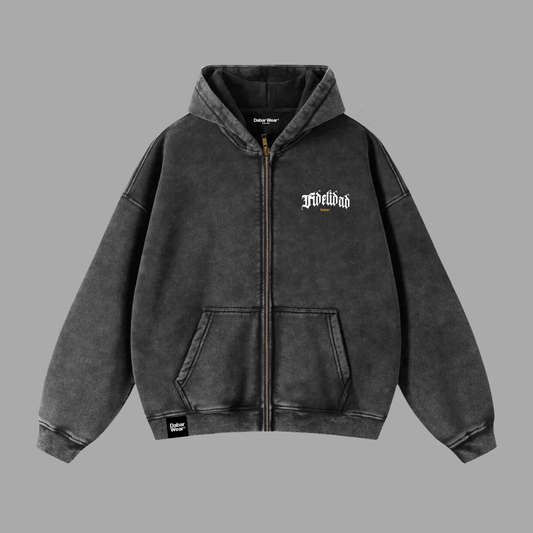 Hoodie Boxy Zip up acid wash negro FIDELIDAD