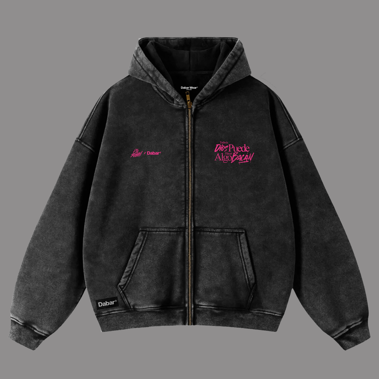 Hoodie Zipup Mujer Stonewash Black "TODAVIA DIOS" (Fit Boxy)