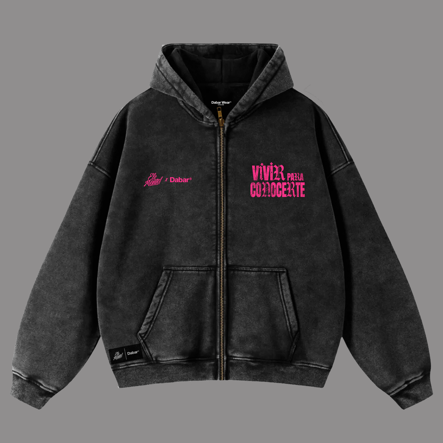 Hoodie Zipup Stonewash Black "VIVIR PARA CONOCERTE" (Fit Boxy)