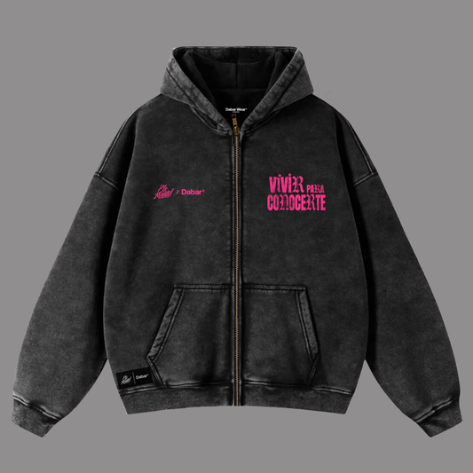 Hoodie Zipup Mujer Stonewash Black "VIVIR PARA CONOCERTE" (Fit Boxy)