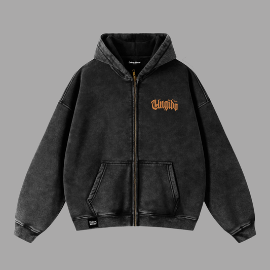 Hoodie Boxy Zip up acid wash negro UNGIDO