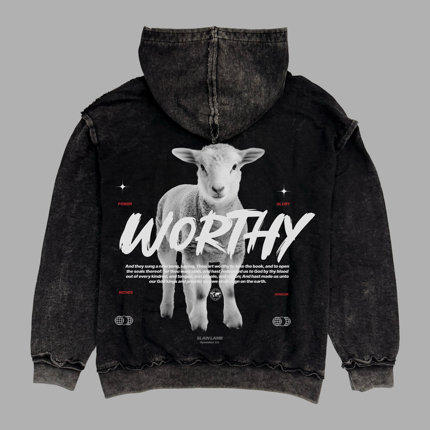 Hoodie Stonewash Distressed Relaxed "WORTHY" (UNISEX)