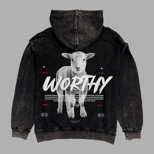 Hoodie Stonewash Distressed Relaxed "WORTHY" (UNISEX)