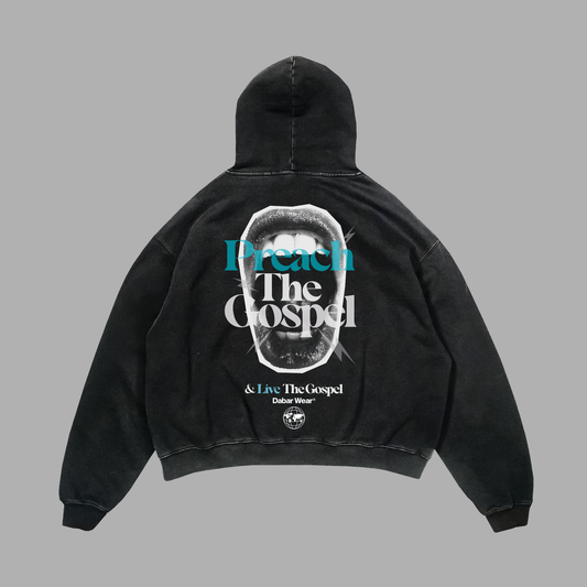 Hoodie Relaxed acis wash negro PREACH THE GOSPEL