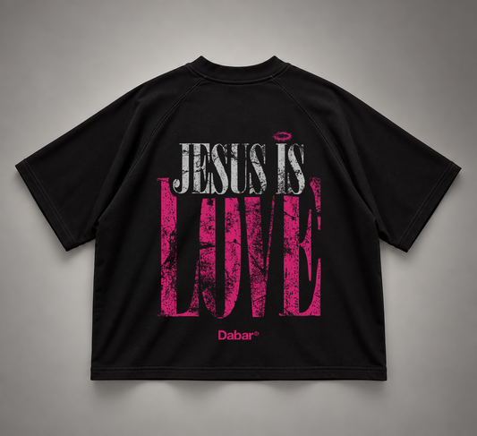 Tshirt Unisex Raglan Boxy Black "JESUS IS LOVE" (Fit boxy)